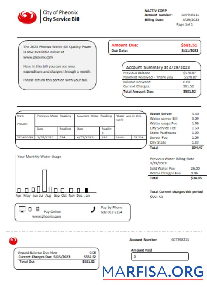 Blank Arizona City of Phoenix utility business bill, SCR download for verification